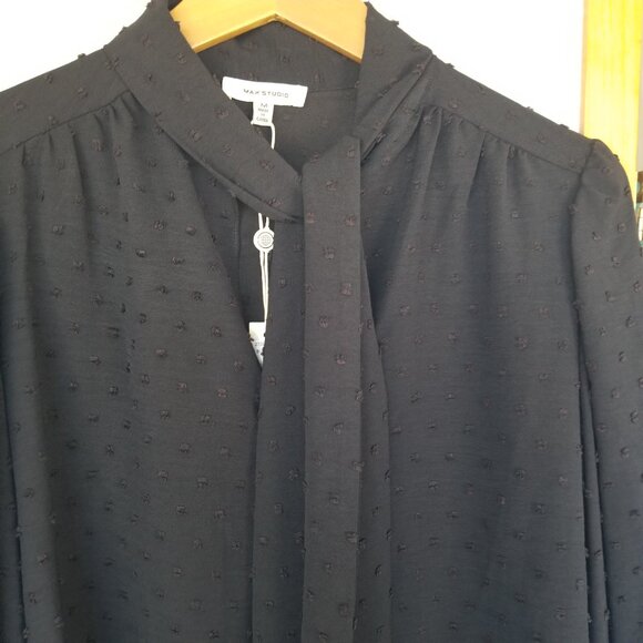 NEW Max Studio Black Neck P Bow Blouse Bishop Sleeves Size M $98 Retail - Picture 3 of 14